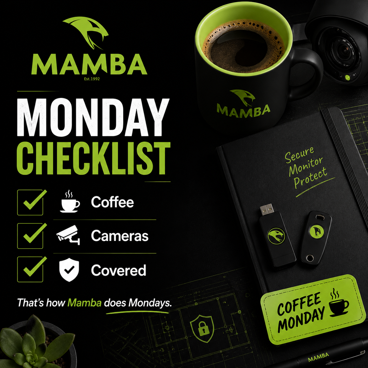 Mamba Monday checklist coffee cameras covered social post