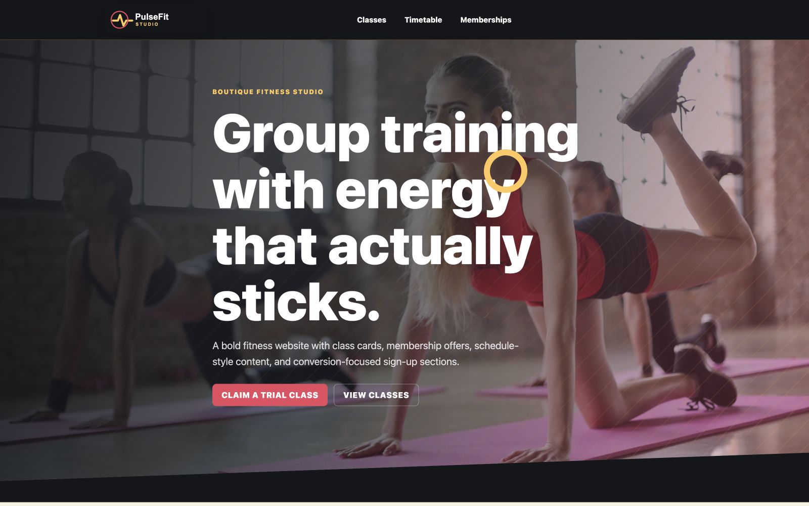 PulseFit Studio desktop homepage screenshot